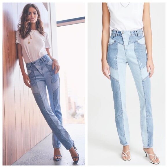 NWT Retrofete Taylor Colorblock Patchwork Cigarette Blue High Rise Denim Jeans